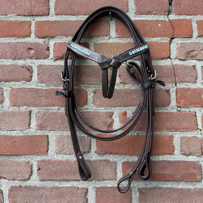 TOO GOOD TO GO - FMH - Western hoofdstel met knotted frontriem met steentjes incl. simpele gesloten teugel - Turquoise/wit DIV. MATEN (++)