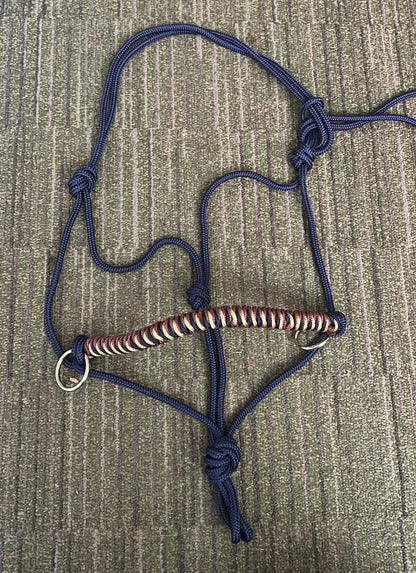 THV08 - Touwhalsterverkoop - Touwhalster set navy/bordeaux/beige/bruin halster met sidepullringen PONY (++)