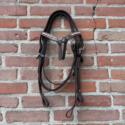 TOO GOOD TO GO - FMH - Western hoofdstel met knotted frontriem met steentjes incl. simpele gesloten teugel - Rose/ goudDIV. MATEN (++)