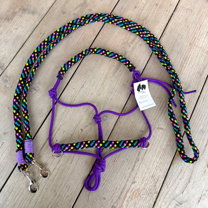 Rope halter sale - Rope halter set riding halter + reins 'Disco dip' purple/ rainbow