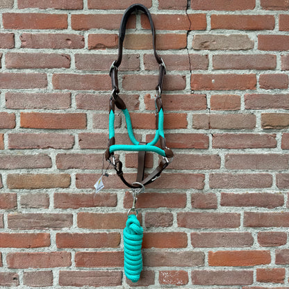 FMH - Havana lederen halsterset met gekleurd touw incl. halstertouw ‘Aqua Heritage’
