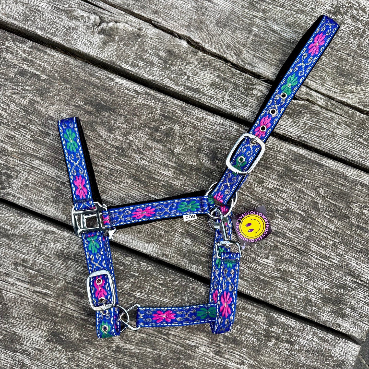 FMH - Nylon blauw halster met bloemen en padding ‘Folklore’