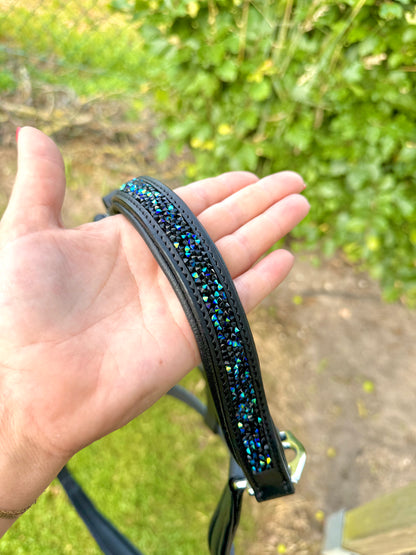 FMH - Zwart lederen halster met donkerblauwe sparkle-rocks ‘Midnight Spark’
