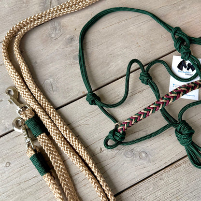 Rope halter sale - Rope halter set riding halter + reins 'In the Woods' dark green/ beige
