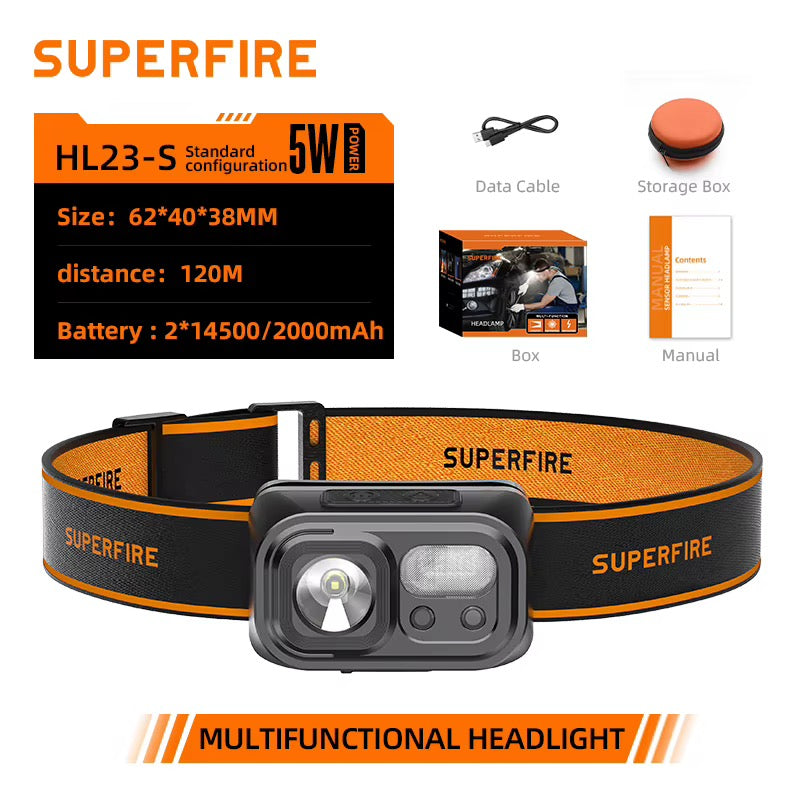 FMH - SUPERFIRE oplaadbare, sterke (120M) LED Hoofdlamp met grote batterijcapaciteit en bewaardoosje