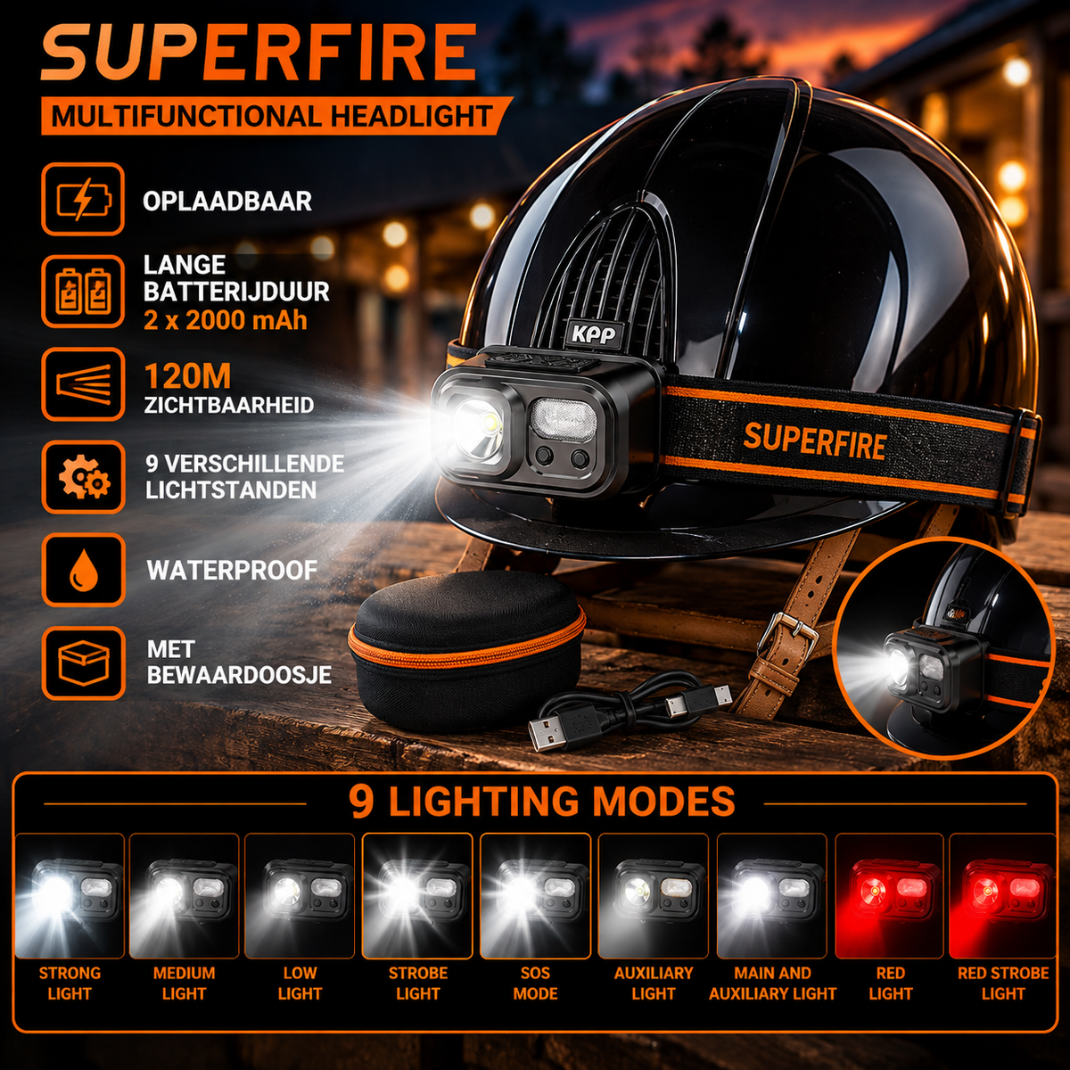FMH - SUPERFIRE oplaadbare, sterke (120M) LED Hoofdlamp met grote batterijcapaciteit en bewaardoosje