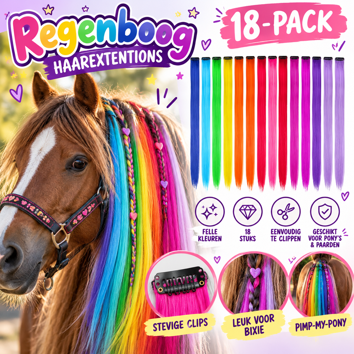 FMH - 18-pack Regenboog haarextention clips nephaar 2x9 kleuren