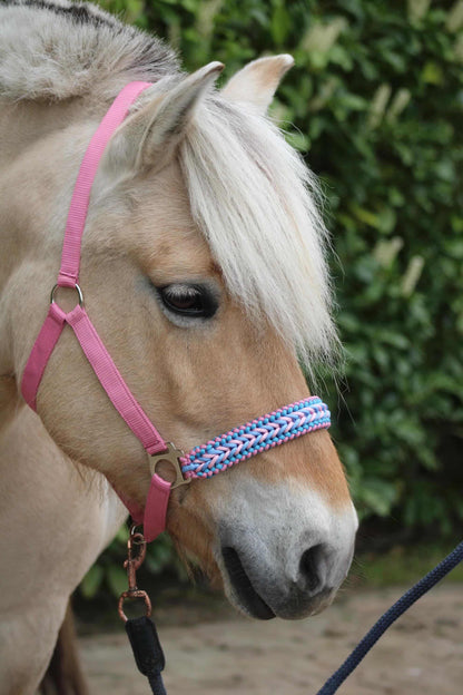 Halsters per cavalli fatti a mano - Capestro annodato ‘Cotton Candy’ rosa chiaro/azzurro chiaro