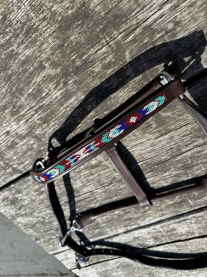 FMH - Cognac leather halter with beads ‘Beaded Bronco Bluey’ blue/turquoise/white