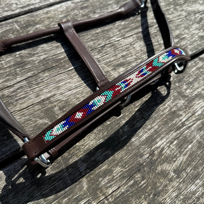 FMH - Cognac leather halter with beads ‘Beaded Bronco Bluey’ blue/turquoise/white
