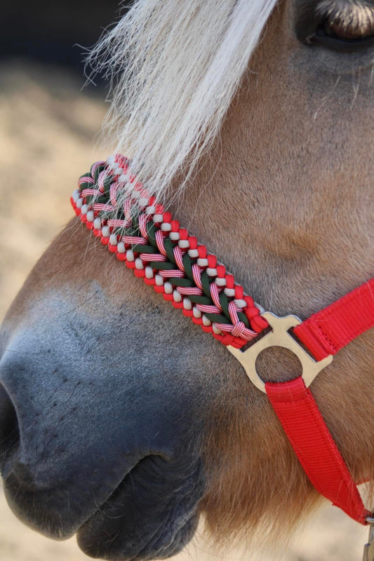 Handgemaakte paardenhalsters - Geknoopt halster ‘Fierce’ rood/ army
