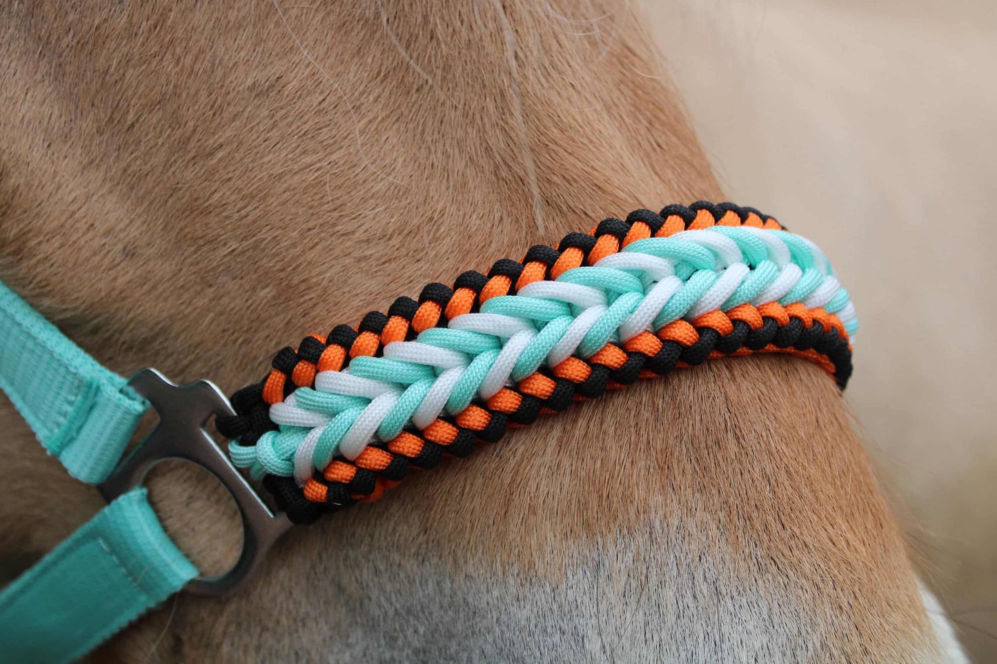 Handmade horse halters - Knotted halter 'Fire & Ice' mint/orange/black