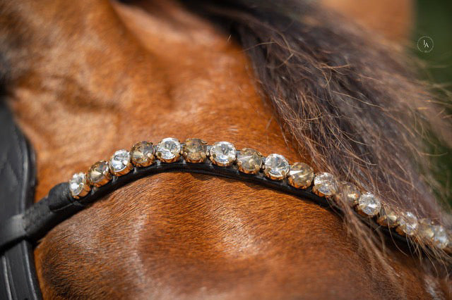FMH - Luxe Hanoverian hoofdstel ‘You're Golden’ met dubbele neusriem goud onderlegd in bruin of zwart incl. teugels