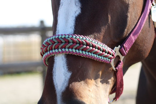 Handgemaakte paardenhalsters - Geknoopt halster ‘Minty Merlot’ Bordeaux/mint