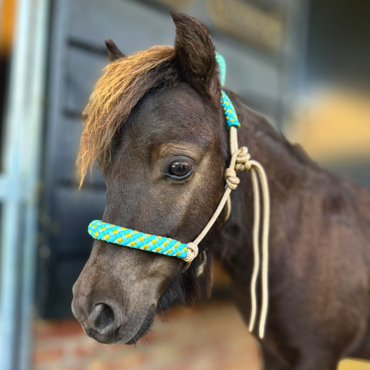 OP=OP - Horse Rope Shop - Touwhalster set halster + halstertouw ‘Summer Vibes’ beige/ turquoise/ geel
