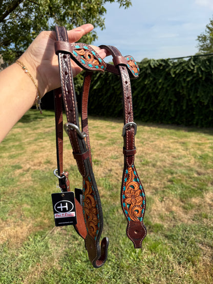 TOO GOOD TO GO - LS Western - Western Lederen Eén Oor Hoofdstel met bloemen tooling en turquoise afwerking (++)