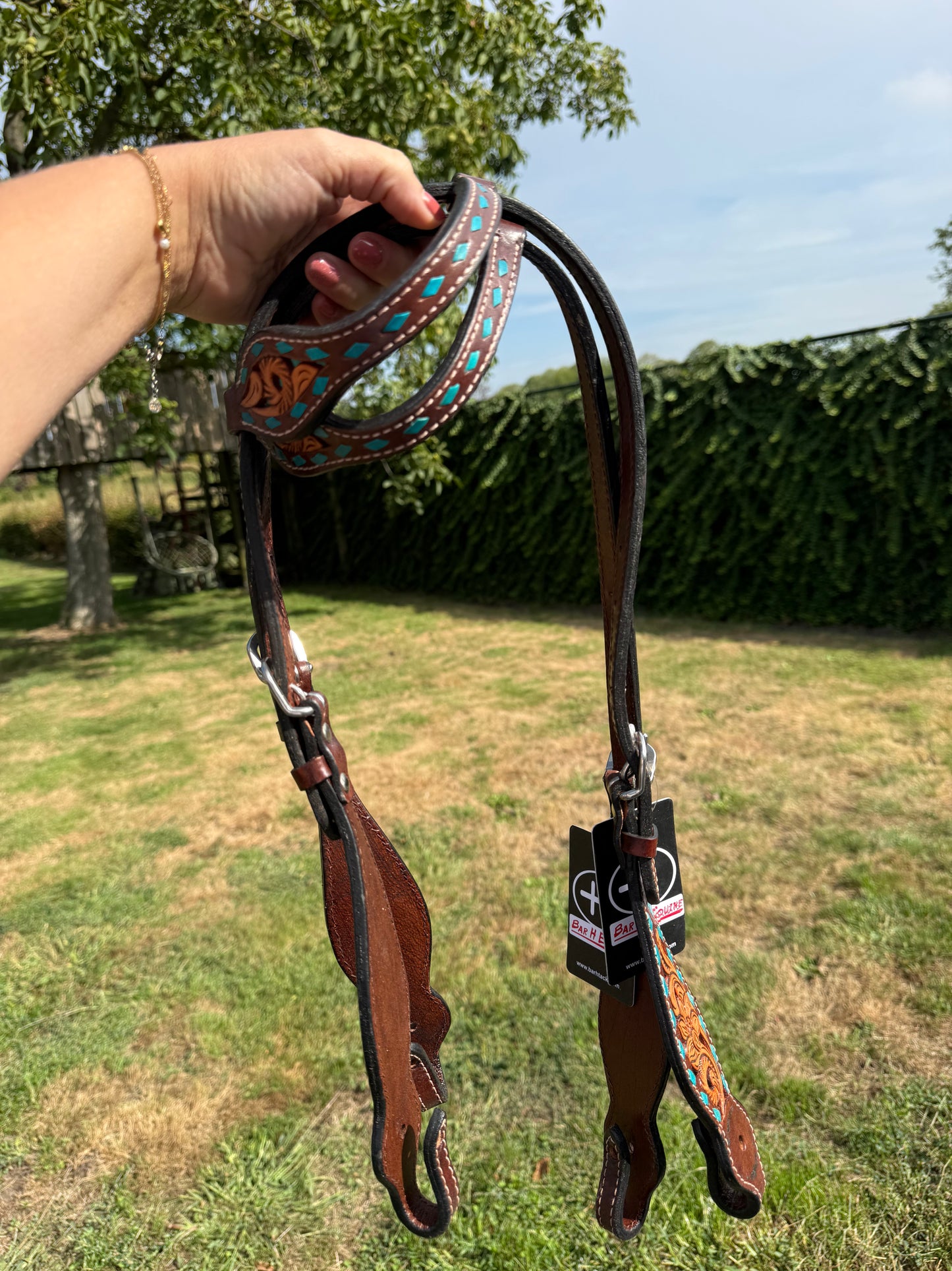 TOO GOOD TO GO - LS Western - Western Lederen Eén Oor Hoofdstel met bloemen tooling en turquoise afwerking (++)