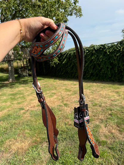 TOO GOOD TO GO - LS Western - Western Lederen Eén Oor Hoofdstel met bloemen tooling en turquoise afwerking (++)