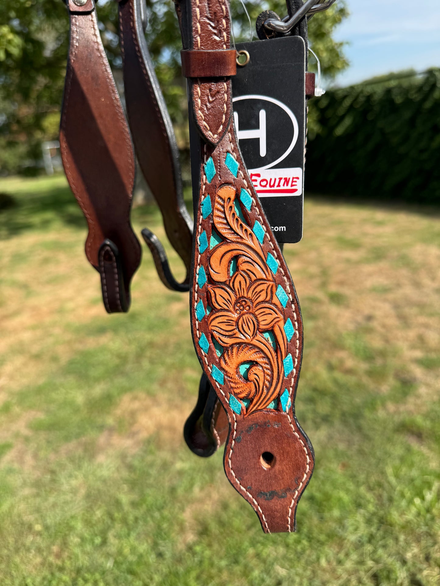 TOO GOOD TO GO - LS Western - Western Lederen Eén Oor Hoofdstel met bloemen tooling en turquoise afwerking (++)