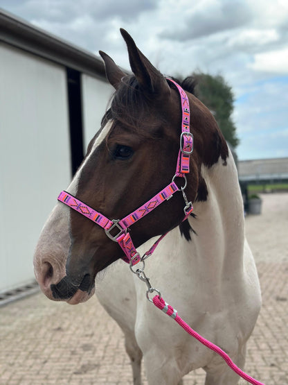 FMH - Embroidered nylon halter with padding ‘Nomad Spirit’ hot pink