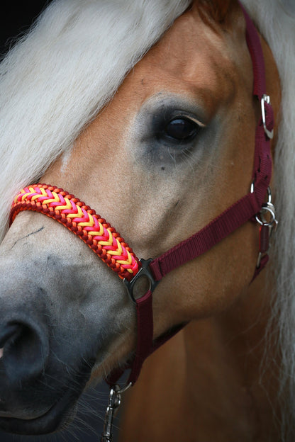 Handgemaakte paardenhalsters - Geknoopt halster ‘Hot Honey’ bordeaux/ geel/ roze