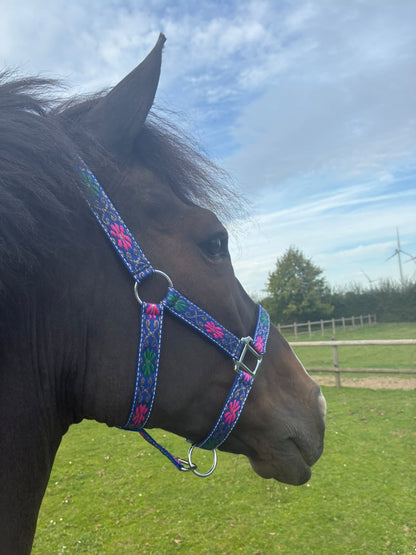 FMH - Nylon blauw halster met bloemen en padding ‘Folklore’