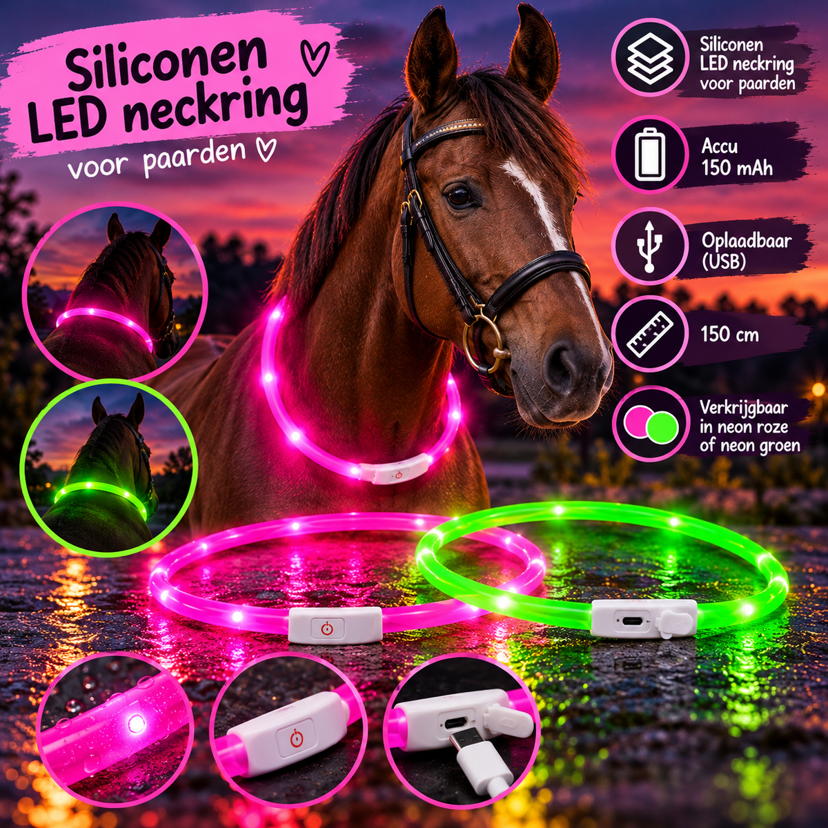 FMH - Oplaadbare LED Halsring voor paarden