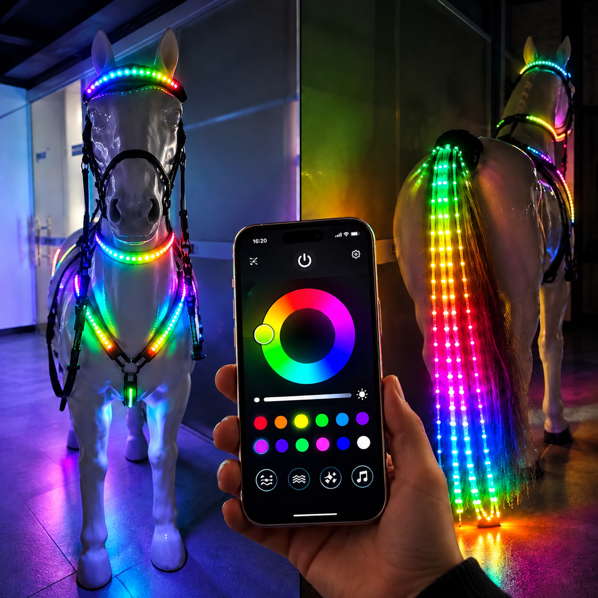 FMH - Luxe LED set voor paarden (borsttuig, frontriem, halsring en staartverlichting) interactief met app