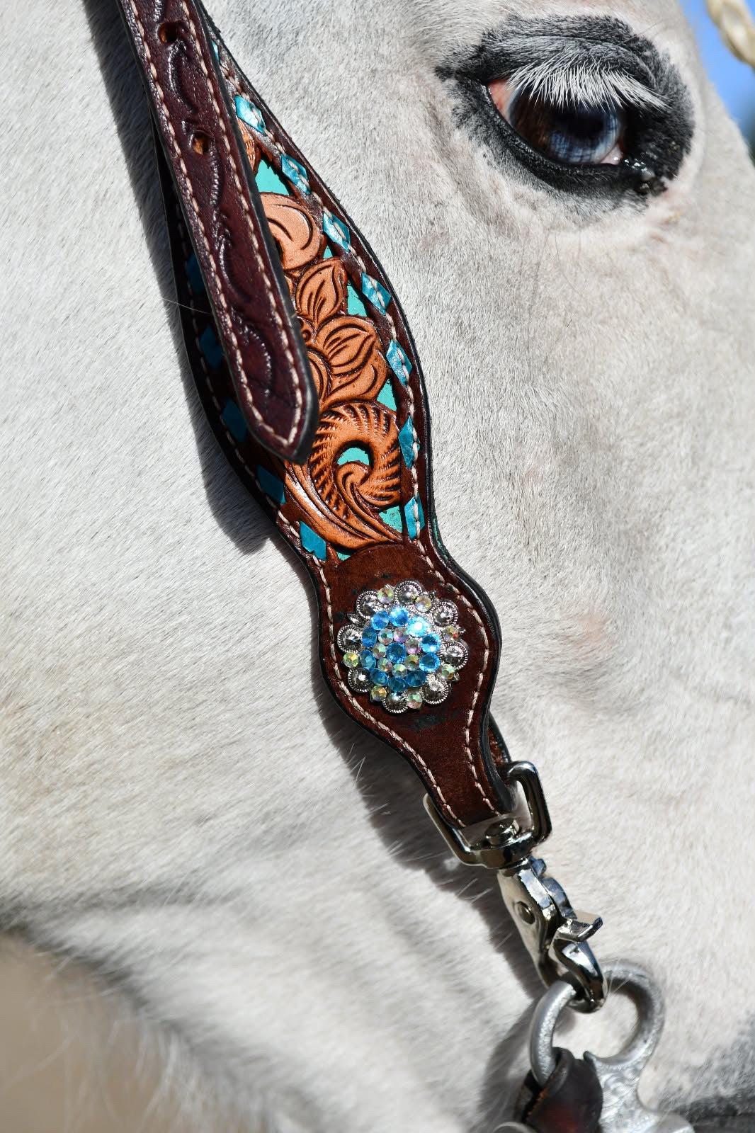 LS Western - Western Leather One Ear Headstall with Flower Tooling and Turquoise Finish