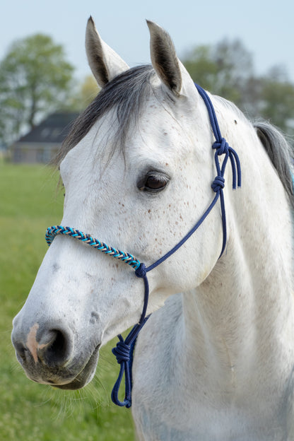 Rope halter braided noseband dark blue, beige and ocean blue