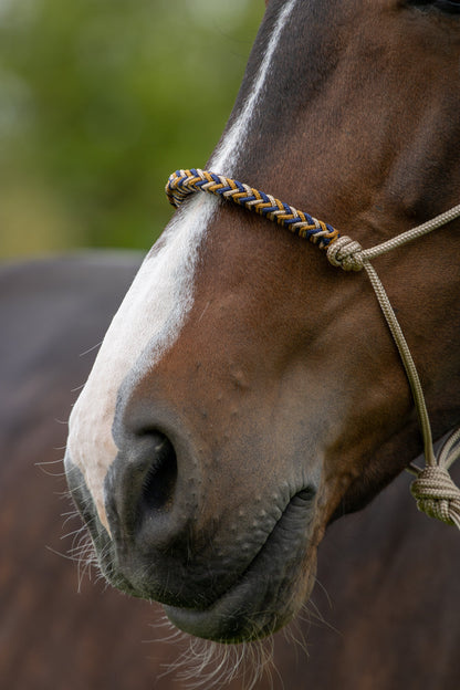 Rope halter with braided noseband beige, dark blue and caramel