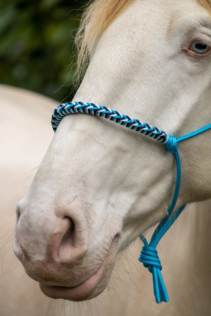 Rope halter with braided noseband ocean blue, white and dark blue