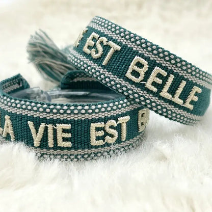 Parsley & pepper - La vie est belle armband donkergroen/ zand