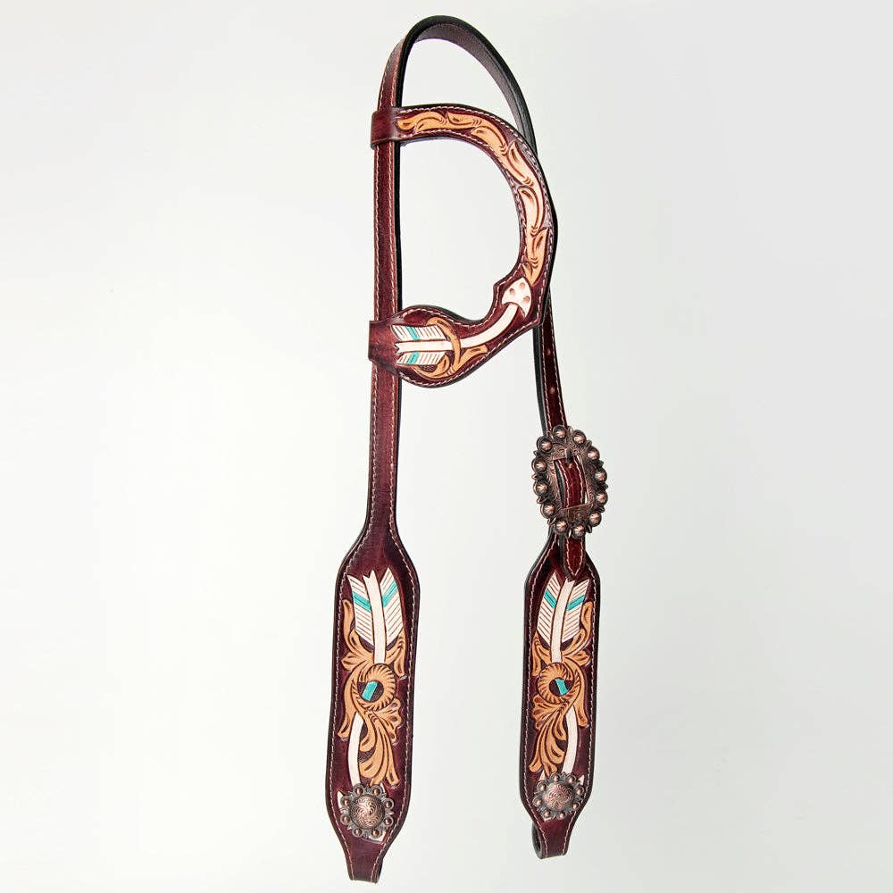 LS Western - HS Western Lederen one-ear hoofdstel met veertje turquoise wit