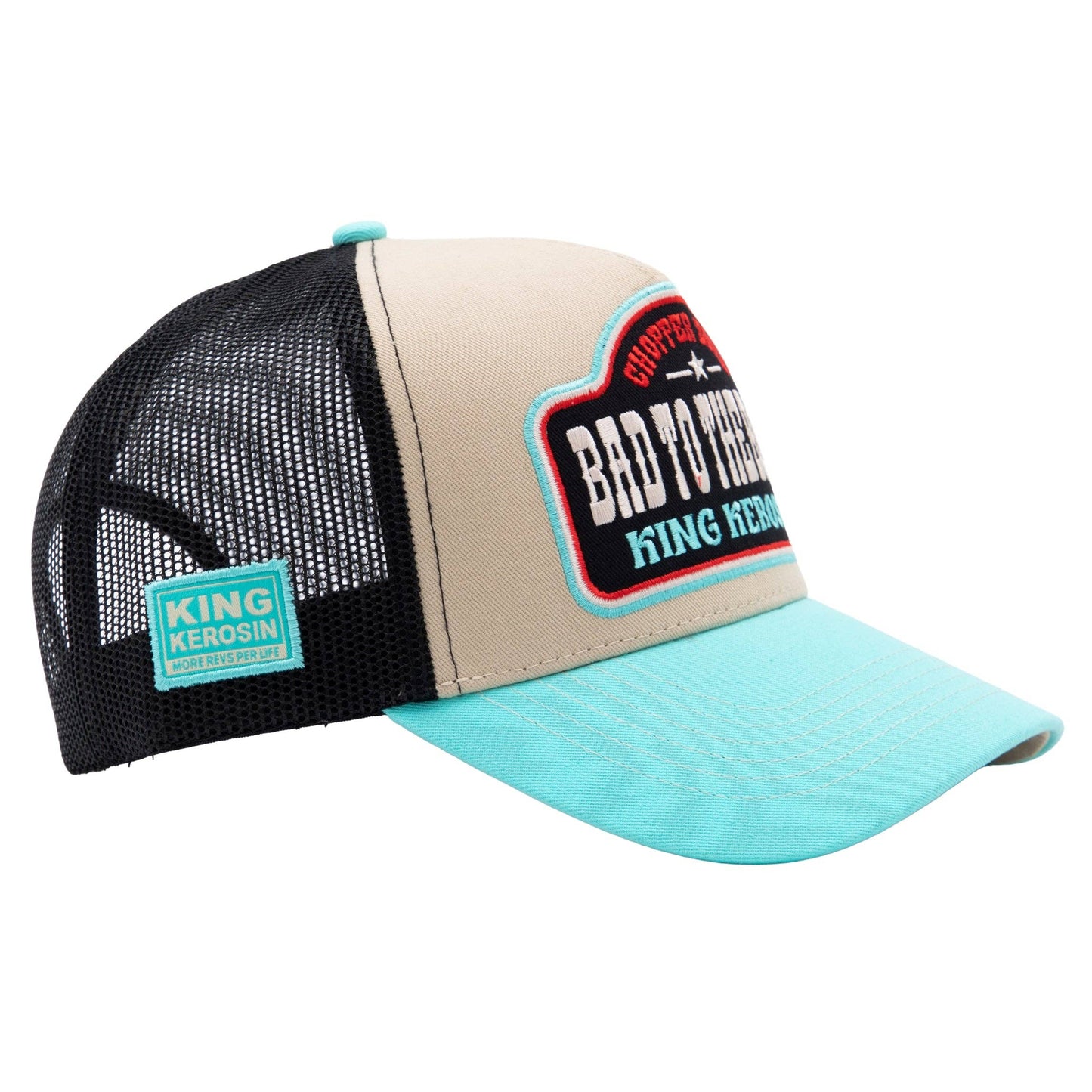 King Kerosin - Cappellino da camionista Bad to the Bones in beige/nero/turchese