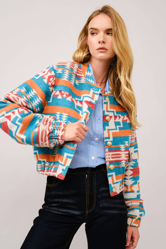 Blue B - Azteeks bomberjack met snap-up van jacquard