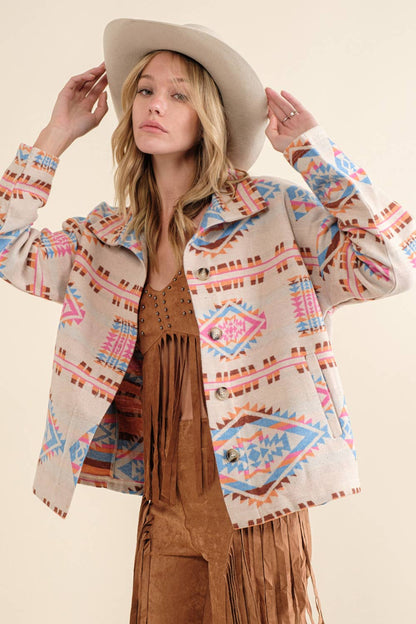 Blue B - Aztekische Westernjacke aus Jacquard mit Stehkragen und Knopfverschluss
