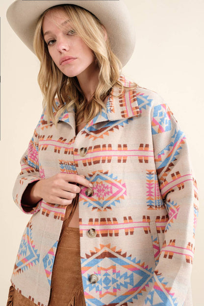 Blue B - Aztekische Westernjacke aus Jacquard mit Stehkragen und Knopfverschluss
