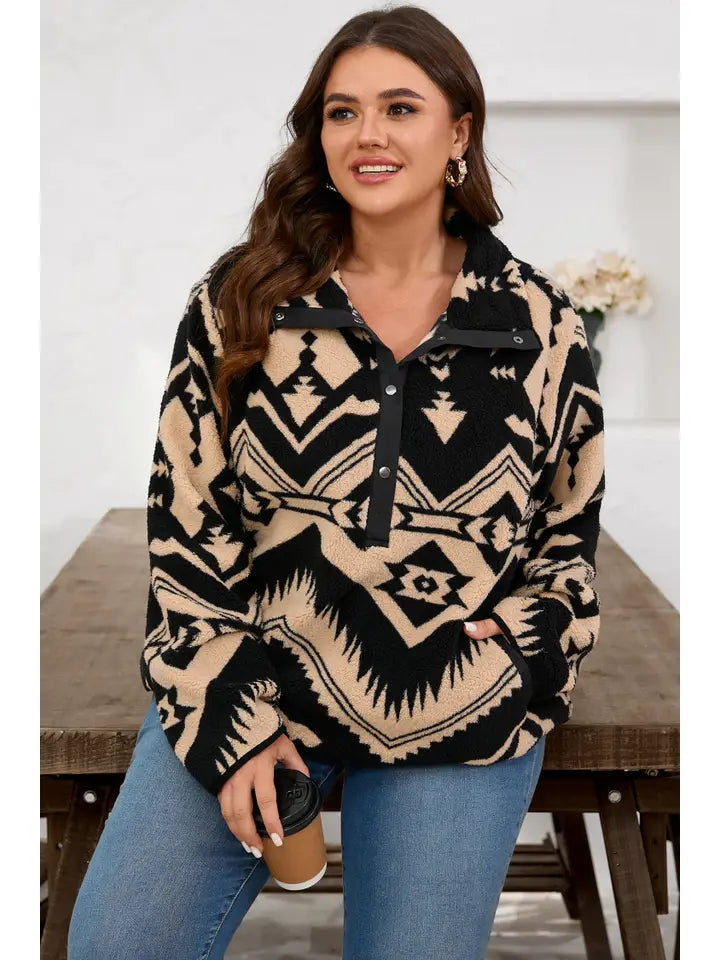 Pretty Bash - Western Aztec Fleece Half Zip Sweatshirt