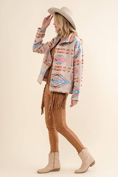 Blue B - Aztekische Westernjacke aus Jacquard mit Stehkragen und Knopfverschluss