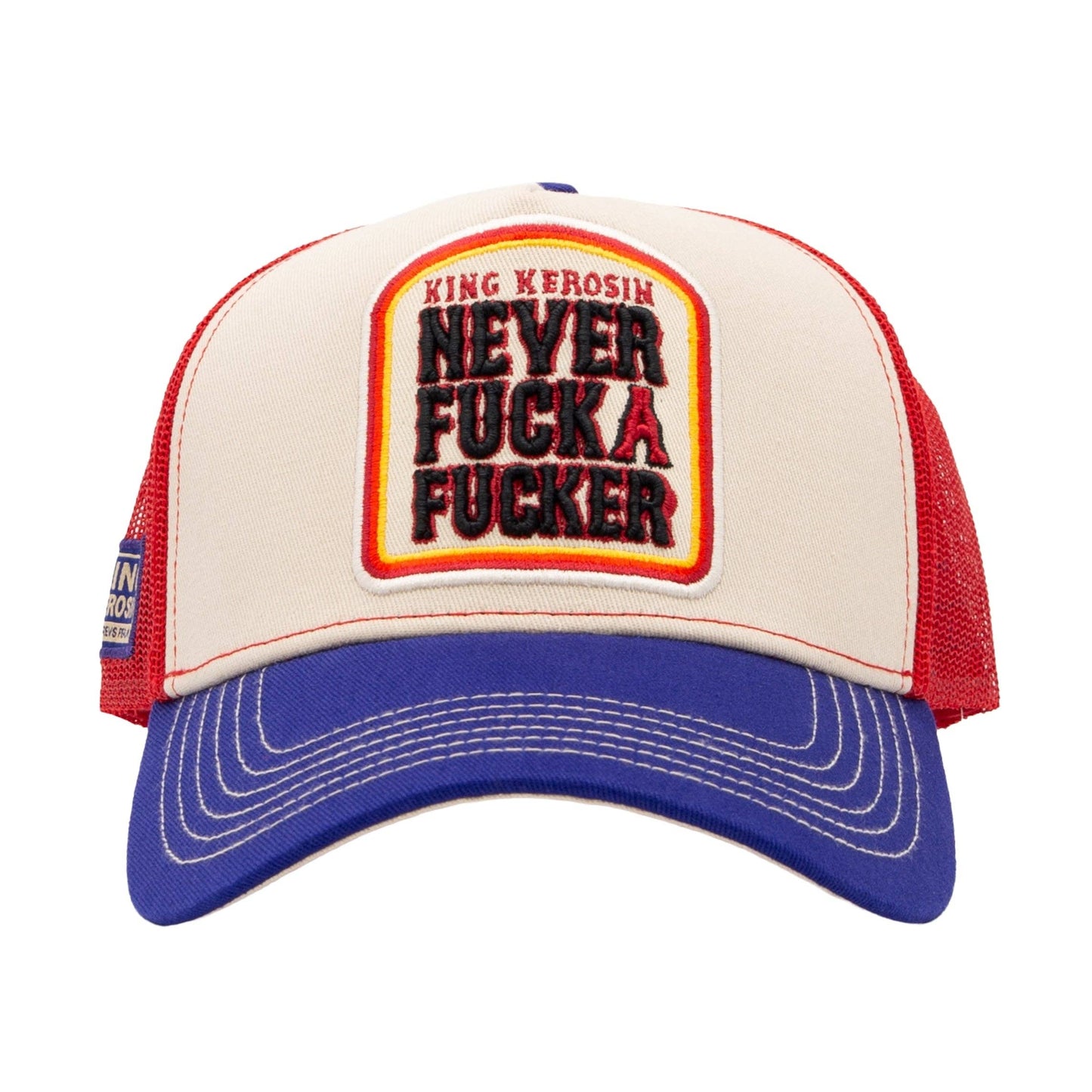 King Kerosin - Trucker Cap Never Fuck A Fucker in beige/blue/red