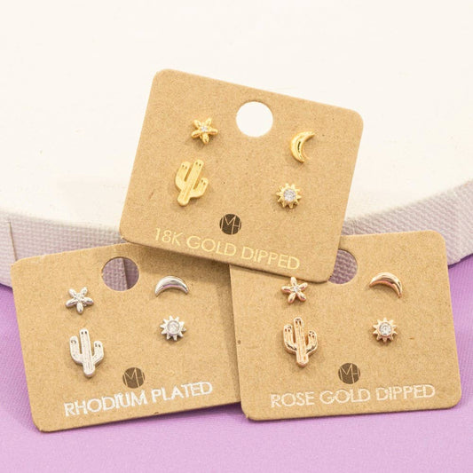 Fame - Gold Plated Mini Cactus Flower Stud Earrings Set