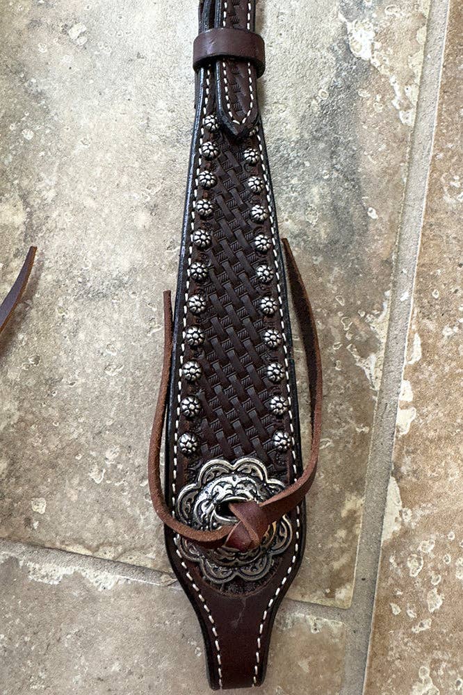 LS Western - Western Lederen one-ear hoofdstel met cross-tooling en studs dark oil