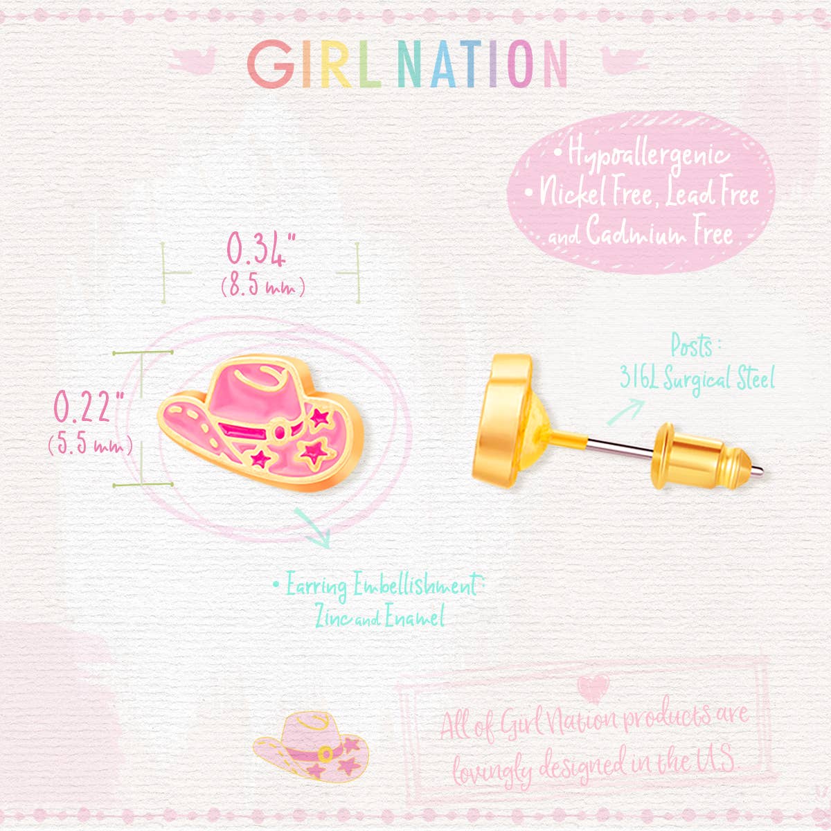 Girl Nation - Boucles d'oreilles chapeau de cowgirl western