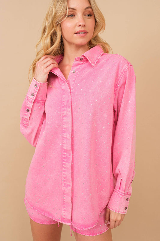 Blue B - Gewassen hemdblouse met studs en knopen felroze