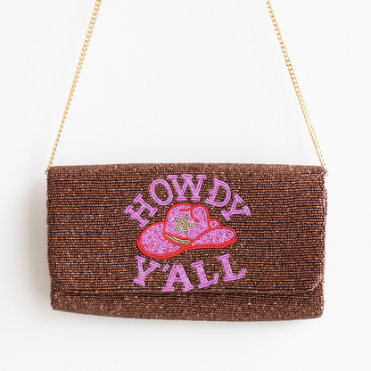 Pria Handmade - Beaded Bag shoulder bag clutch Howdy Y'all brown/ pink