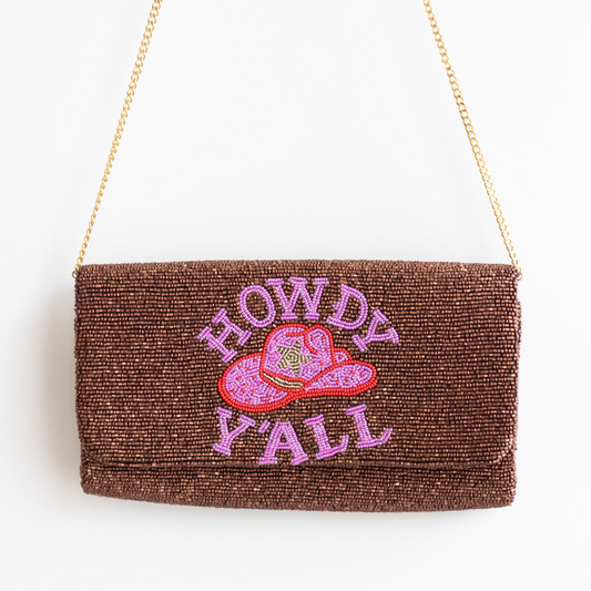 Pria Handmade - Bolso con cuentas bolso de hombro clutch Howdy Y'all marrón/rosa