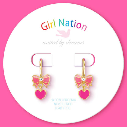 Girl Nation - Rosa Herz- und Schleifenohrringe mit Klappbügelverschluss