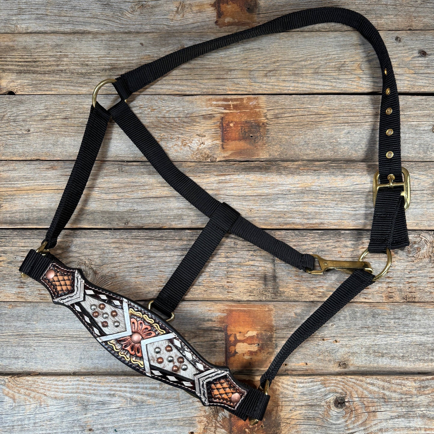 Rodeo Drive - Zwart nylon halster met neusriem luxe patroon van koeienhuid