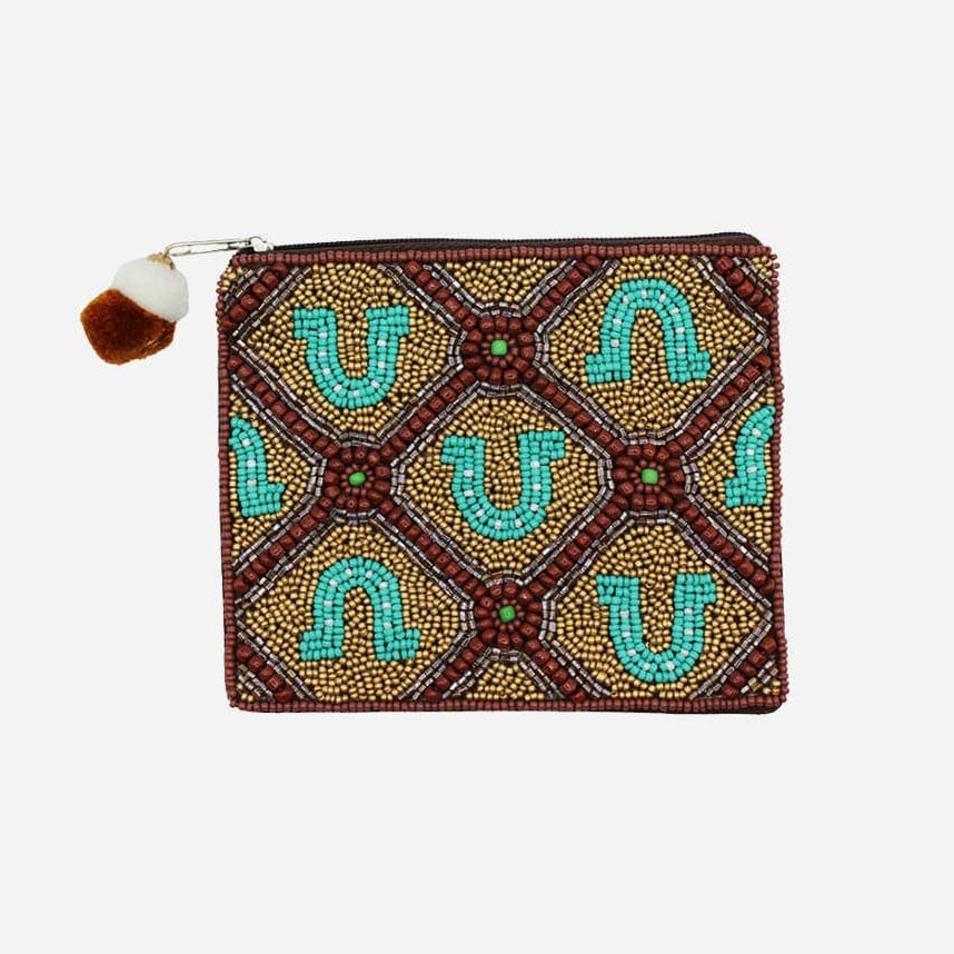 Pizzazz Inc - Beaded Bag Kraaltjes muntenzakje portemonnee Hoefijzers bruin/ turquoise